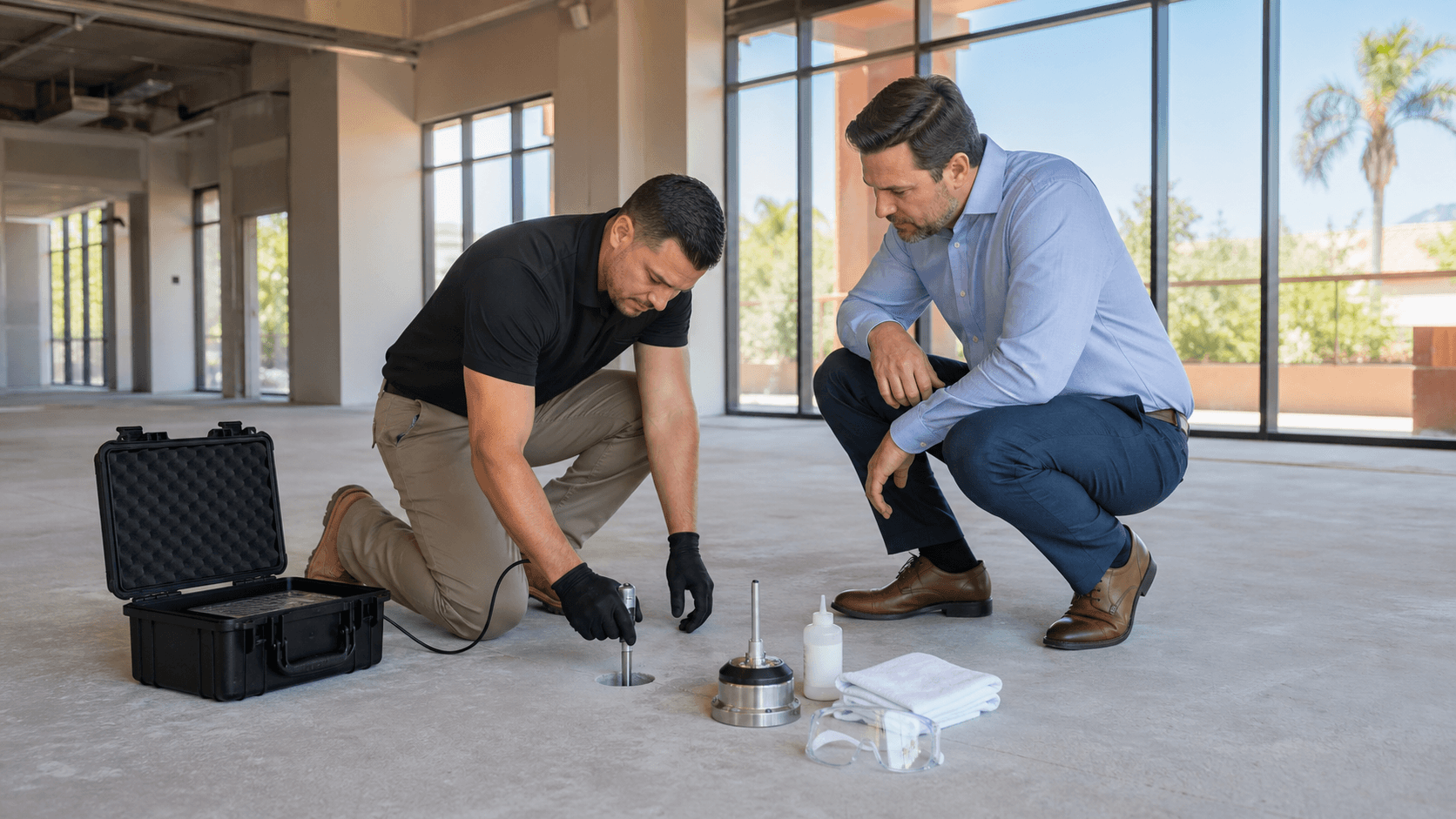 Technician tests a concrete floor with a moisture meter in a bright, modern commercial space.