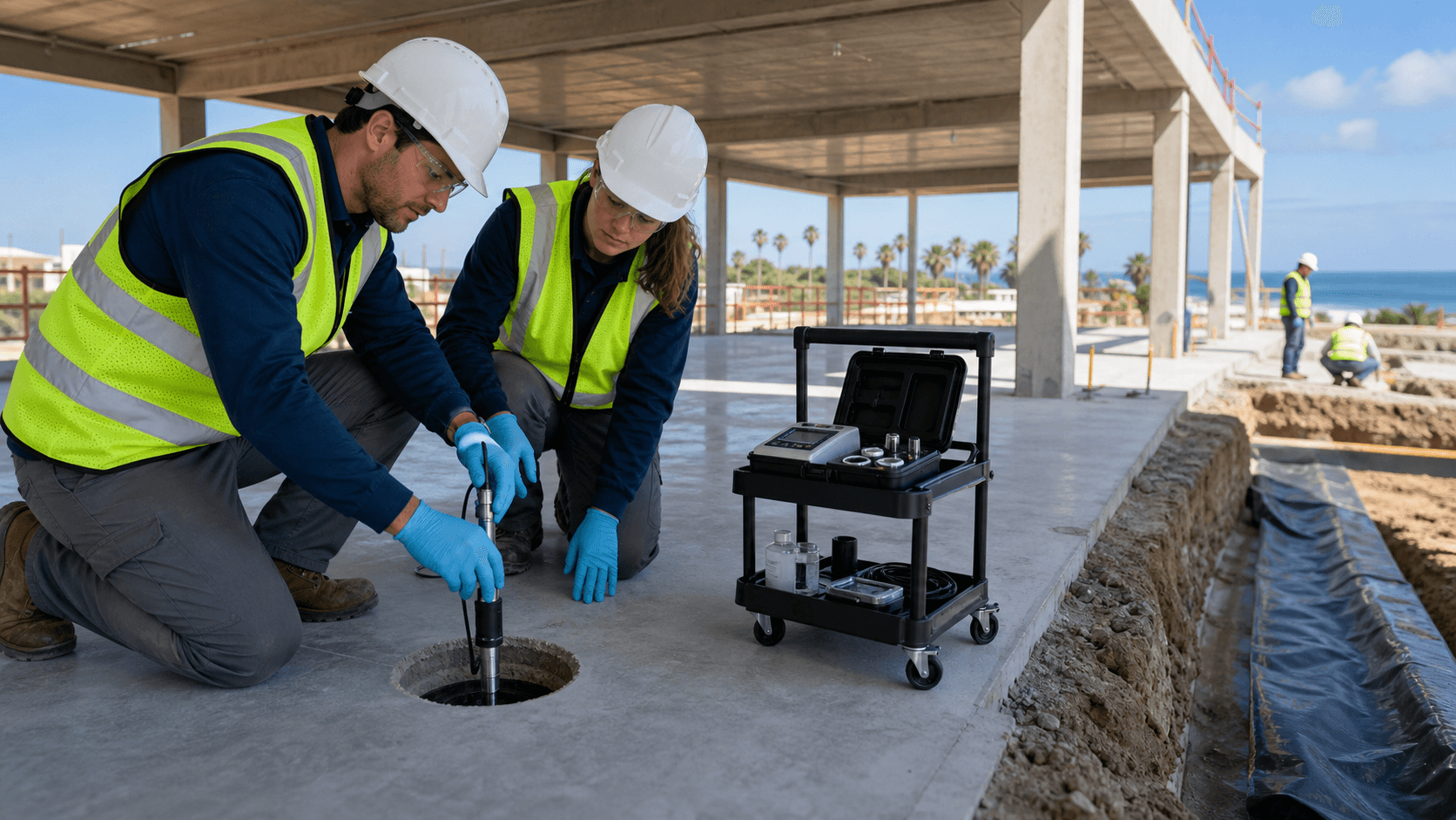 Worker kneels on a concrete slab using a moisture meter, with rebar grid and warm daylight in the background