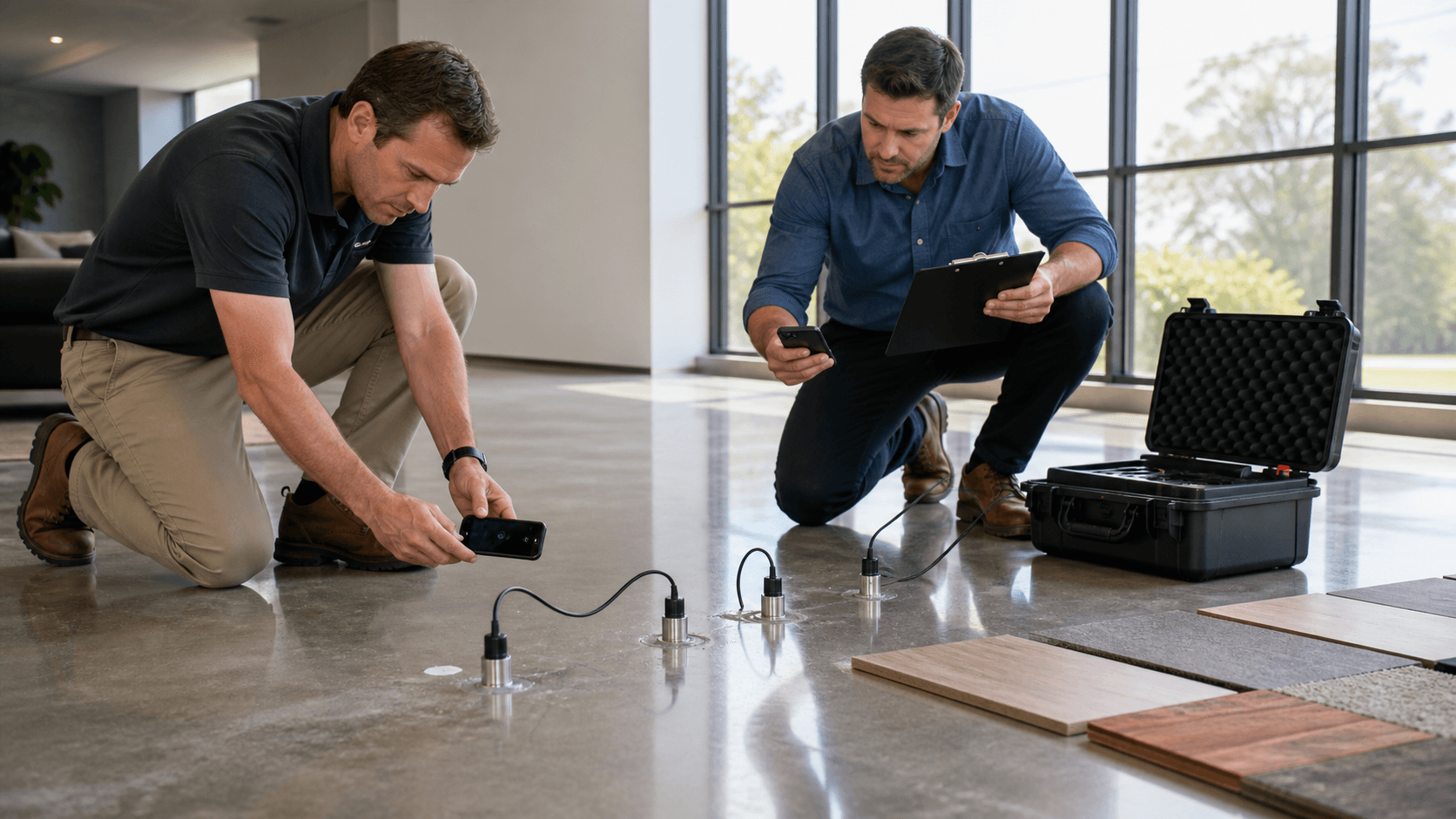 Technician records concrete moisture readings beside a digital meter and test probes on a gray floor slab.