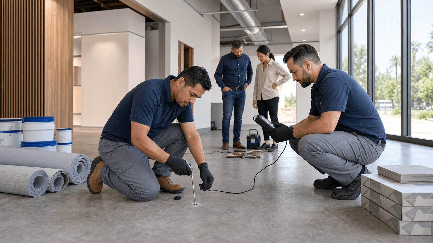 Moisture meter and test probes on a gray concrete slab with sunlight casting sharp shadows across the floor