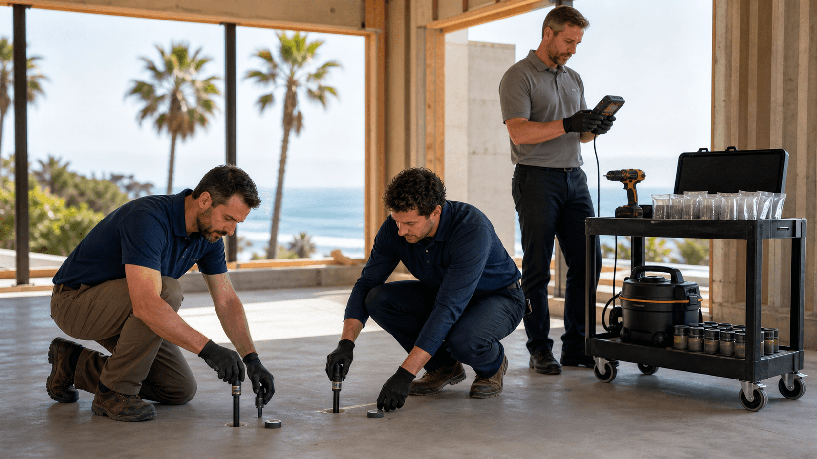 Technician kneels on a concrete slab inserting a humidity probe, bright coastal sunlight streaming through windows.