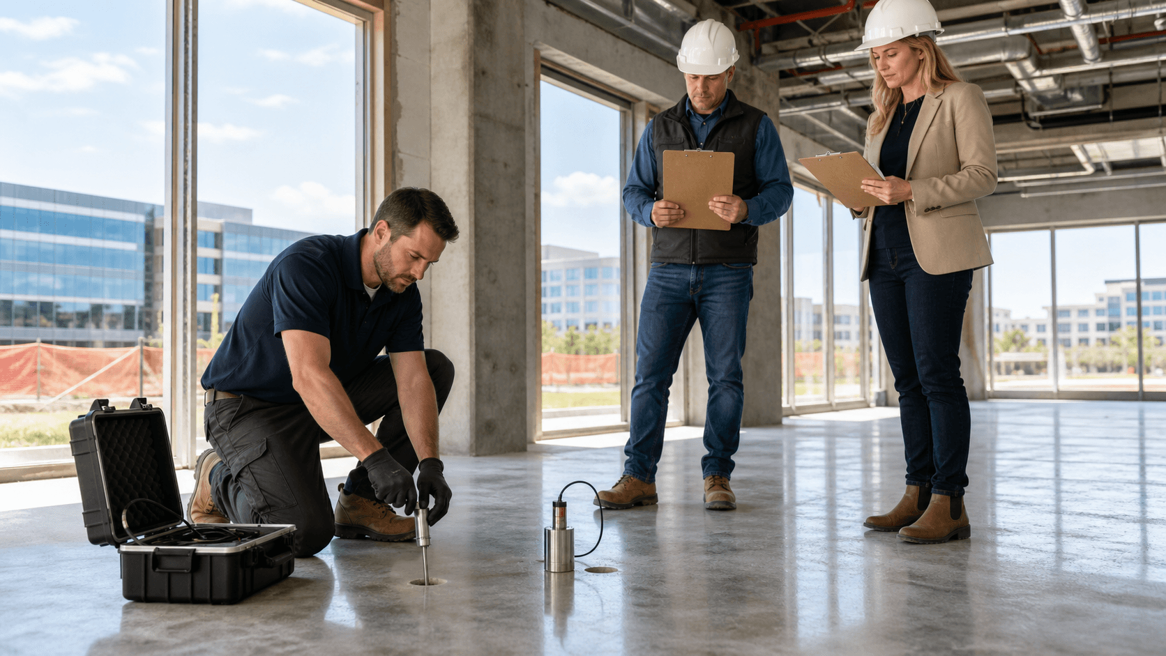Concrete moisture meter and test probes on a gray slab beside a clipboard under bright site lighting.
