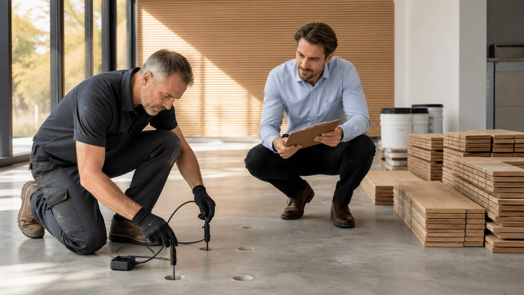 Contractor checks a moisture meter on a concrete floor beside adhesive buckets in a bright unfinished room.