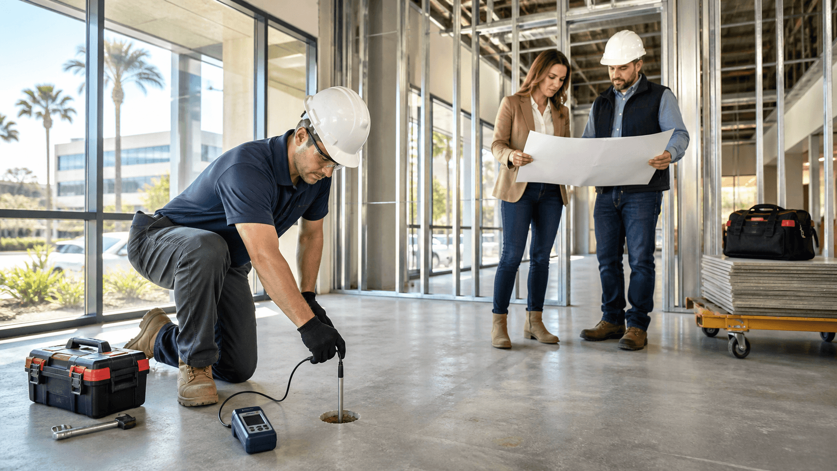 Contractor checks a handheld moisture meter against a wall in a bright unfinished commercial space.