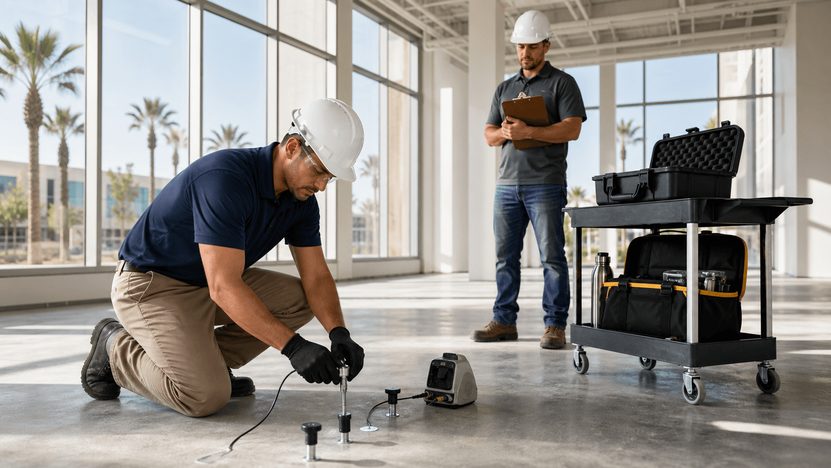 Hard-hat inspector kneels on unfinished concrete slab with moisture meter, orange cones and city skyline in soft light.