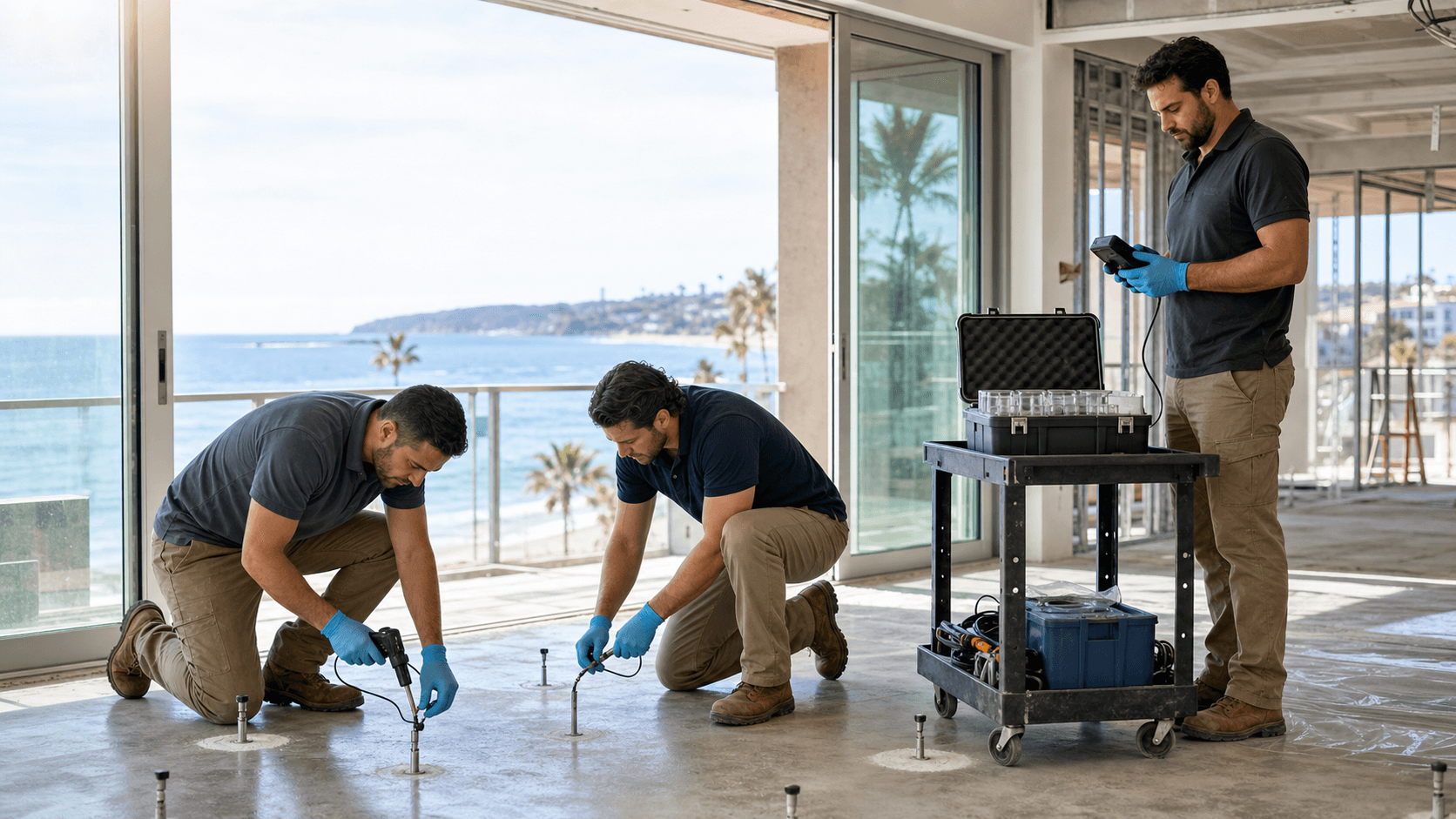 Coastal construction site with concrete slab moisture meter, ocean and palm trees in hazy sunlight.