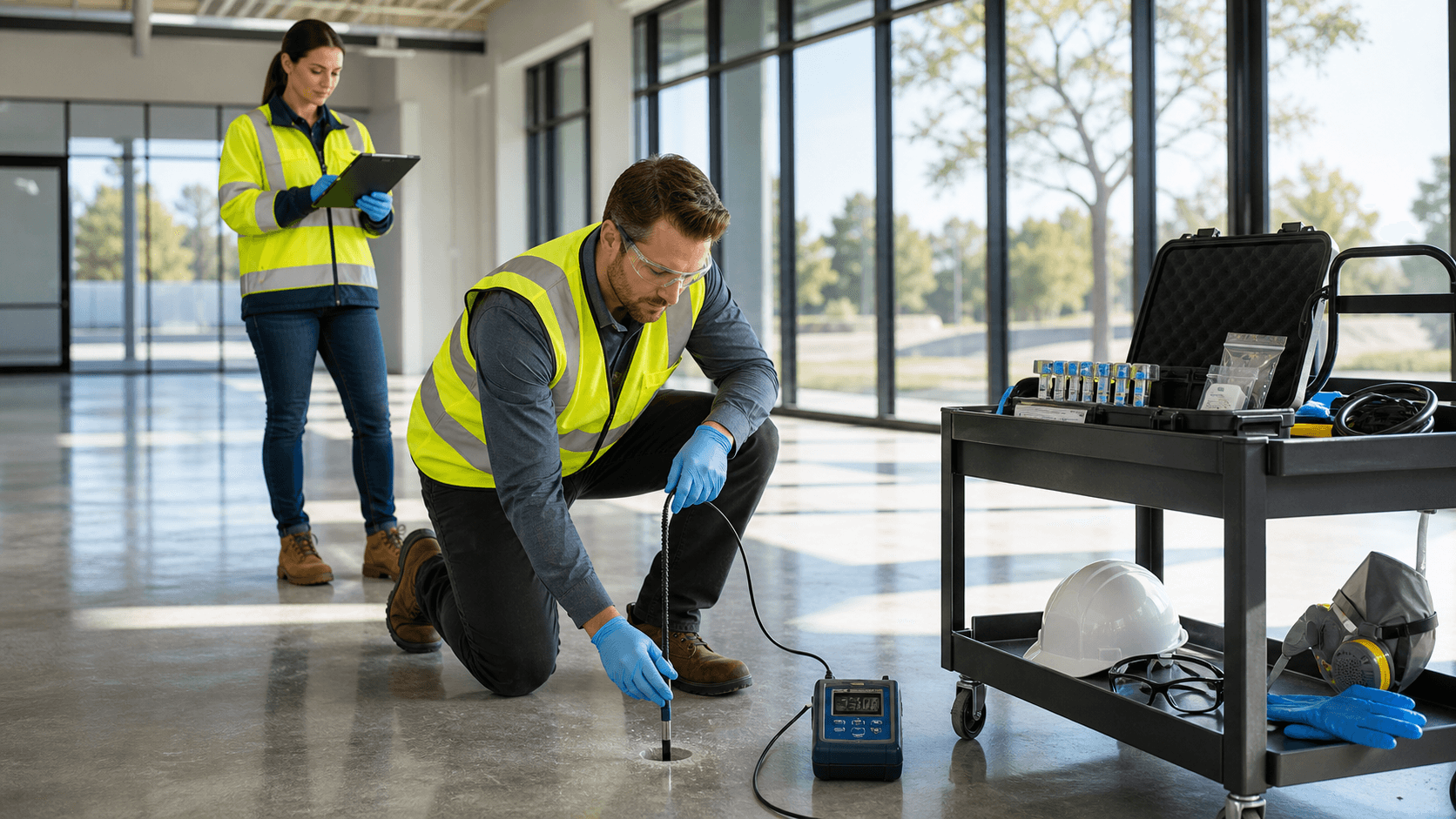 Moisture meter and clipboard on gray concrete slab, with soft daylight and shallow depth of field.