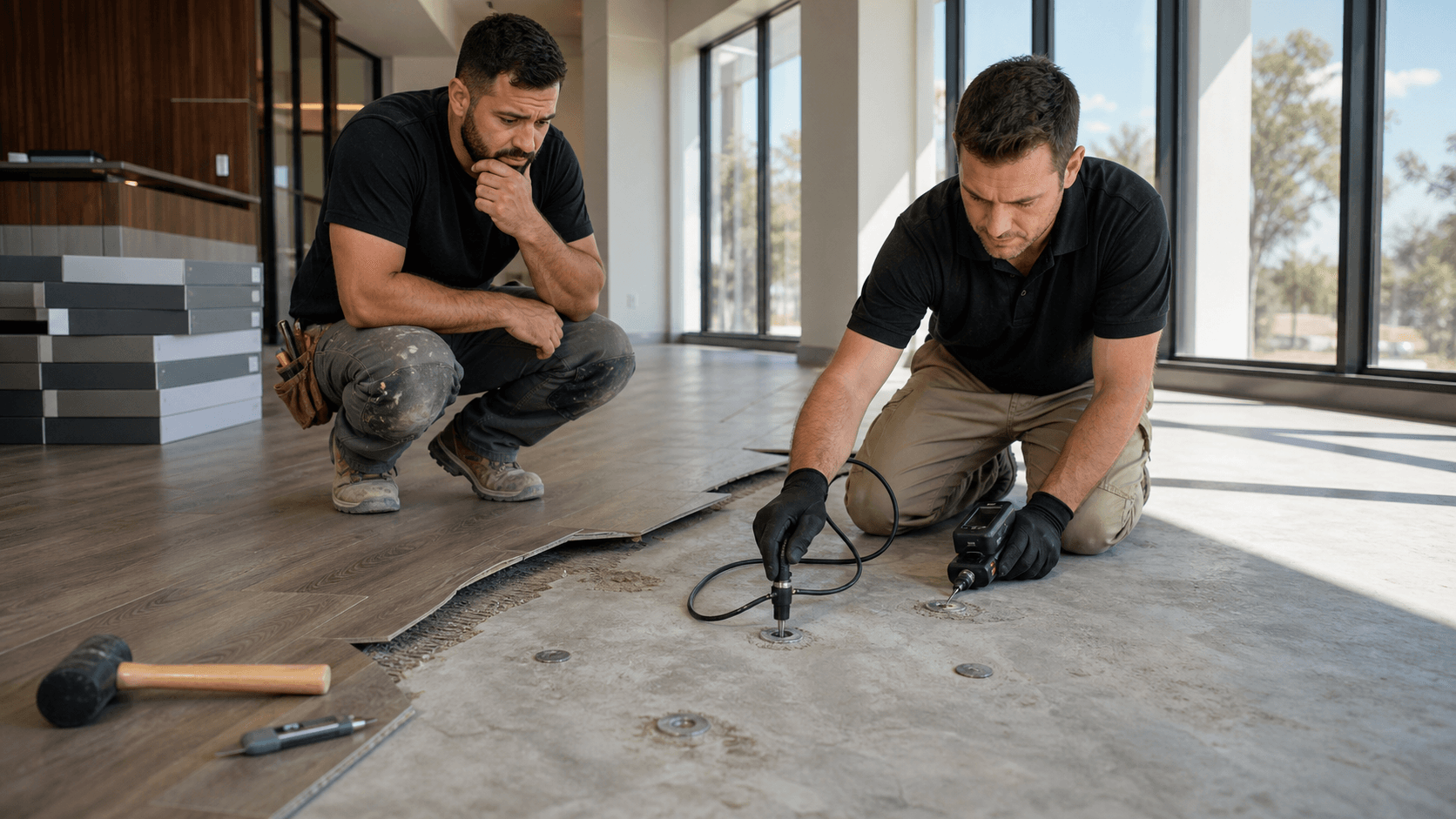 Moisture meter on pale wood flooring beside dark water stains in a softly lit room.