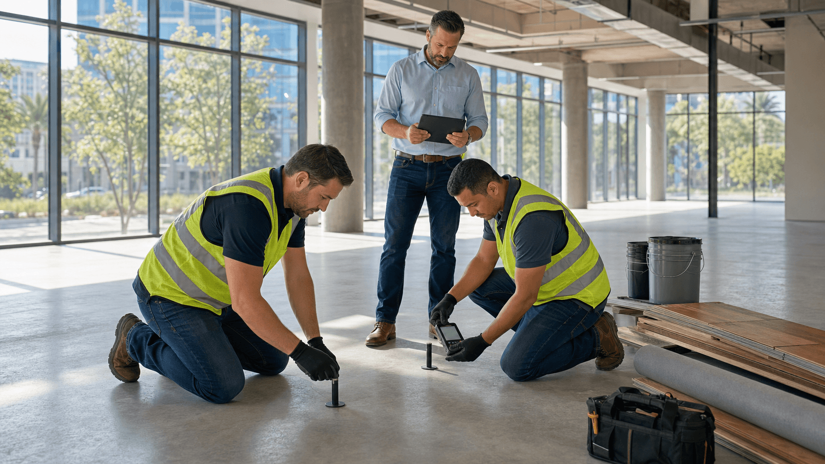 Construction worker kneels on gray concrete floor using a handheld moisture meter, lit by bright work lights